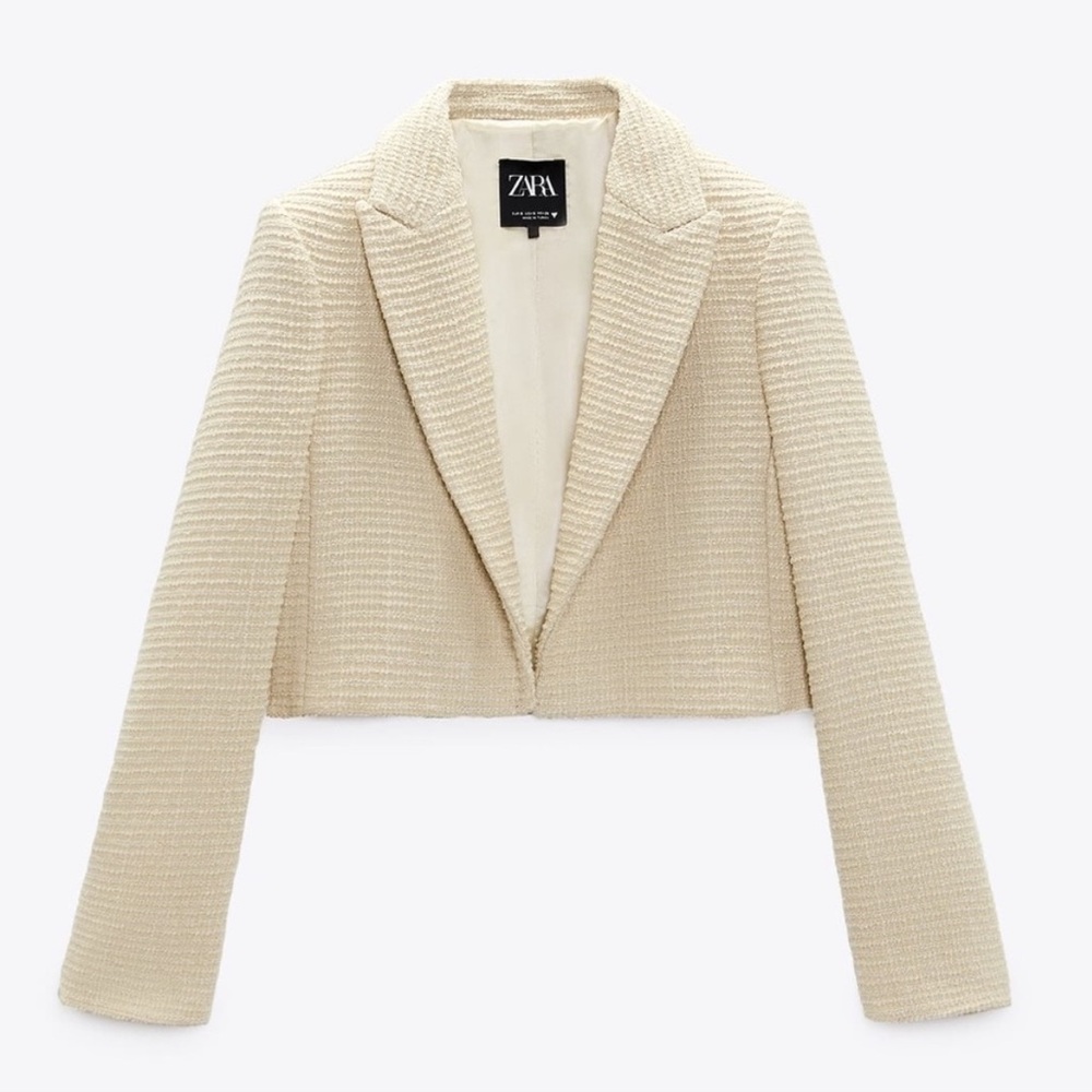 Zara Beige Cropped Textured Blazer